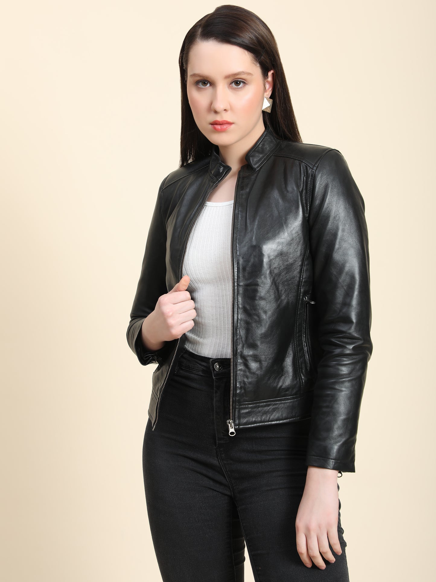 Full Sleeve Self Designs Women Leather Jacket For Autumn and Winters