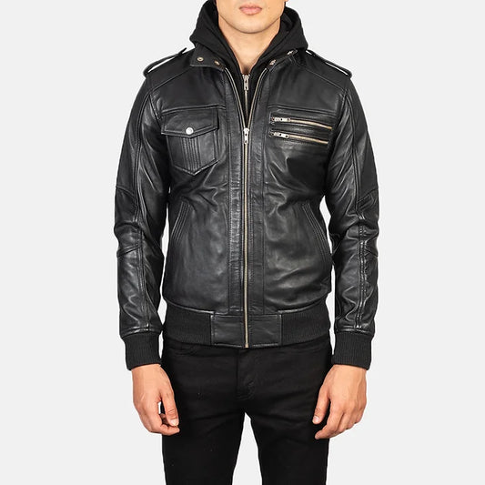 The Black Hooded Leather Jacket :- Charmshilp