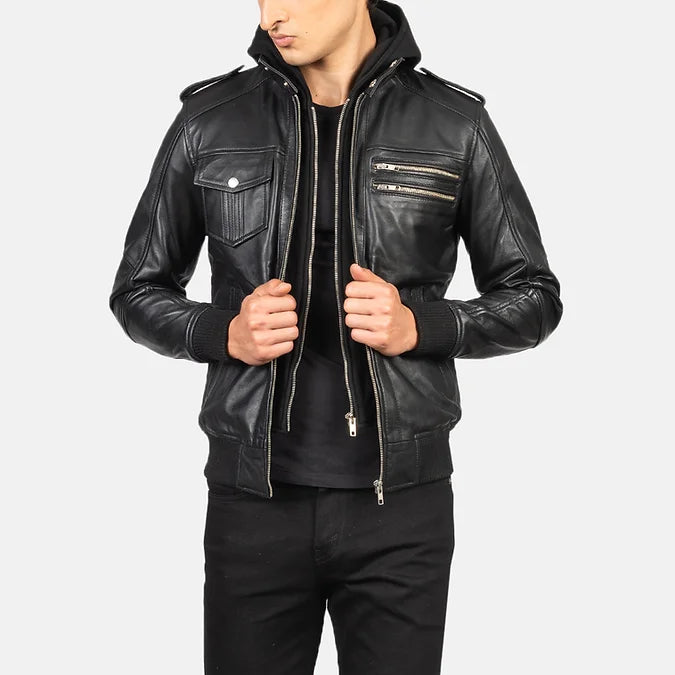 The Black Hooded Leather Jacket :- Charmshilp