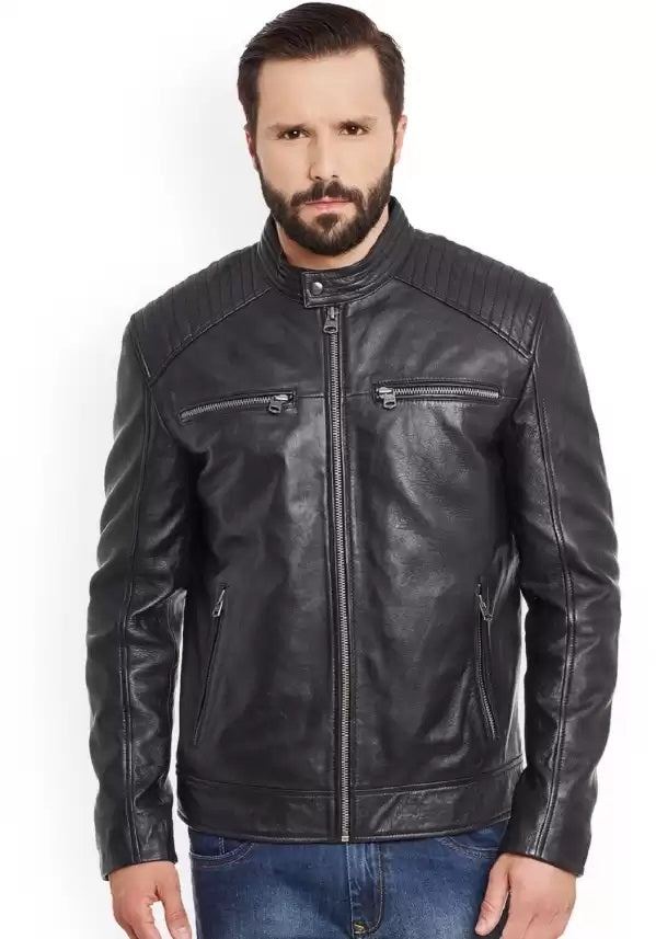 Arvind Distressed Black Leather Biker Jacket