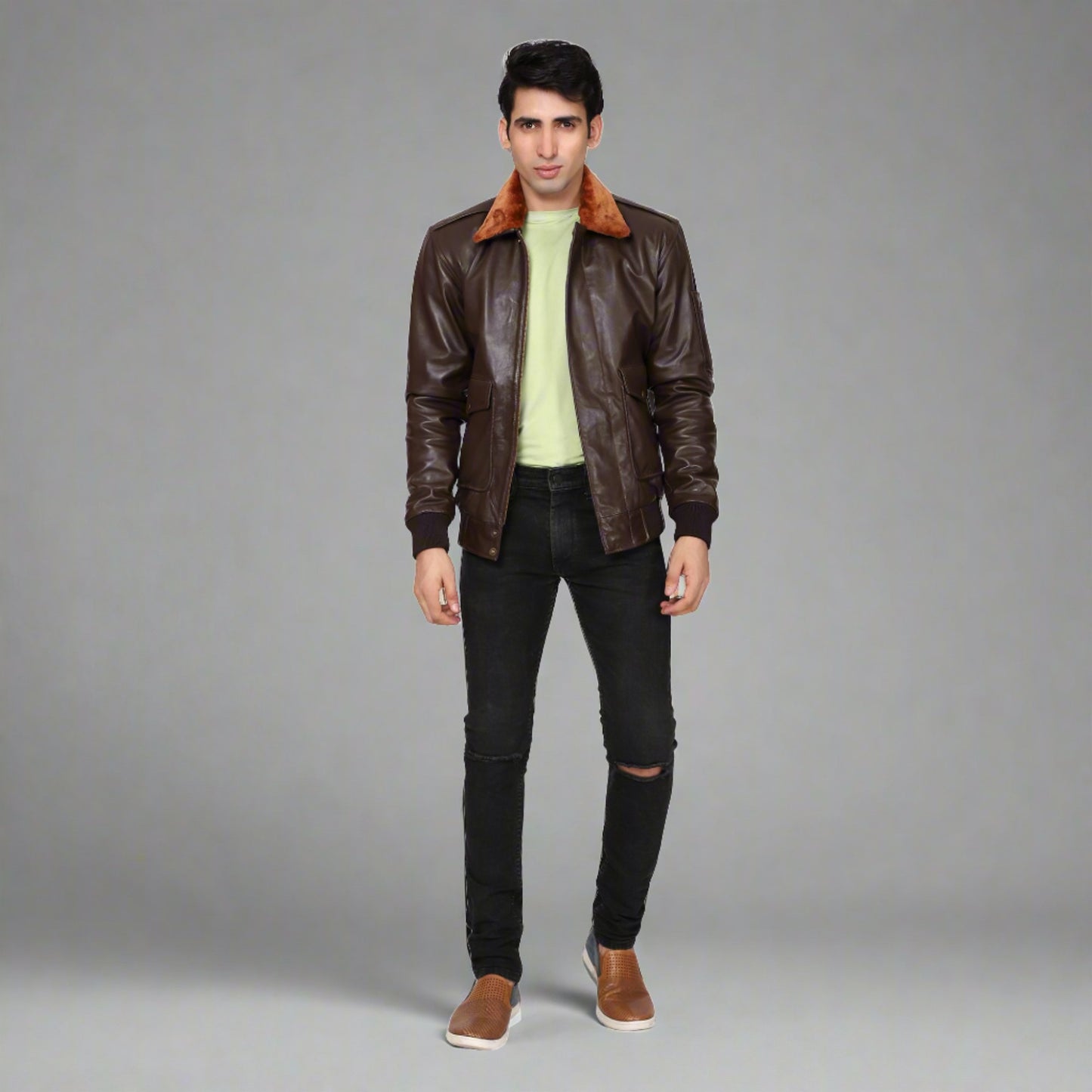 Vikram Bomber With Shearling Collar Leather Jacket