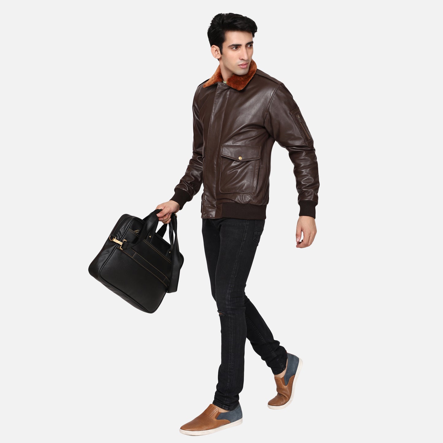 Vikram Bomber With Shearling Collar Leather Jacket