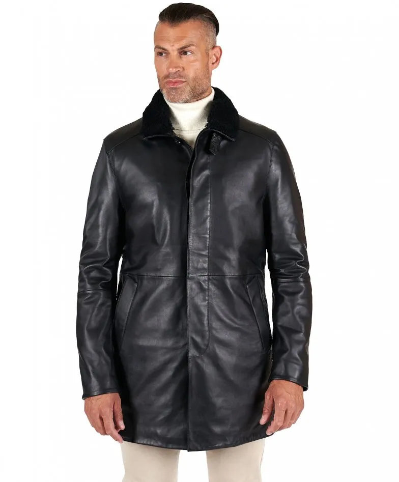 Black Sheepskin Leather Coat Detachable fur