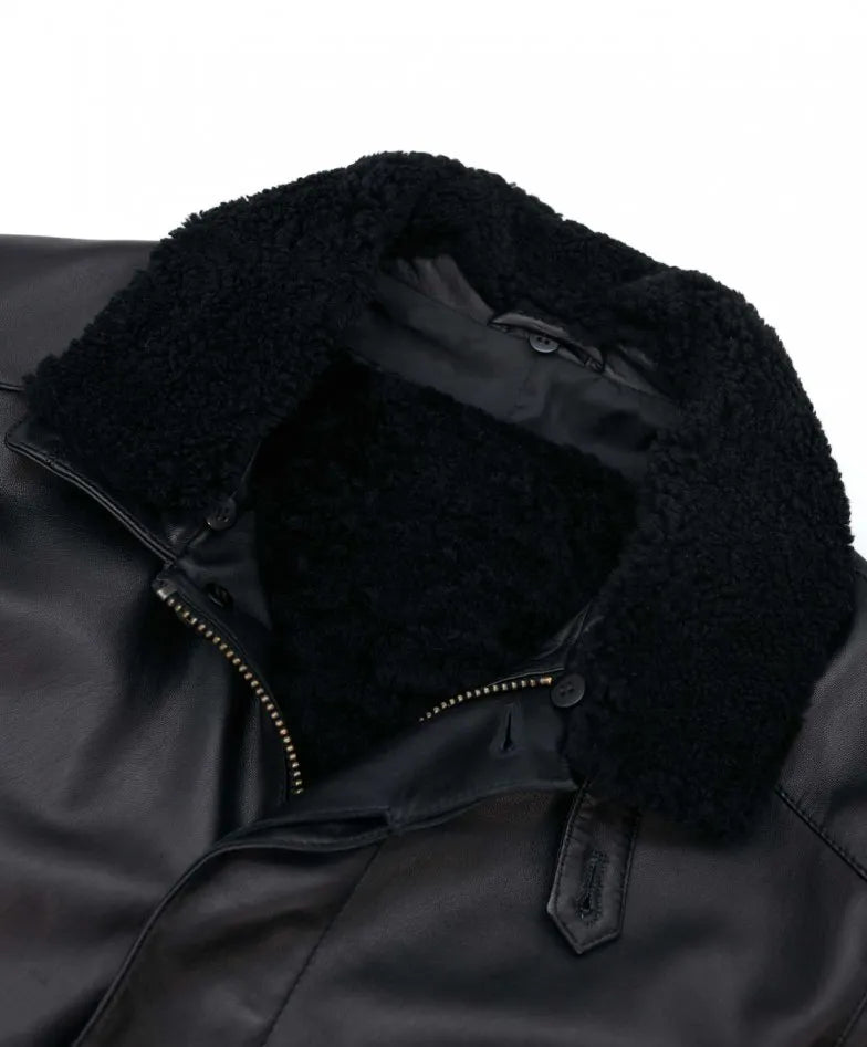 Black Sheepskin Leather Coat Detachable fur